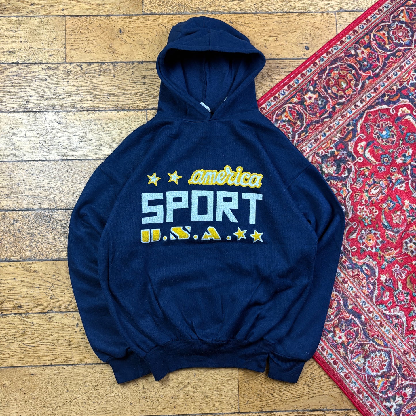Vintage 90s Navy Boxy Graphic Hoodie Sweatshirt - M