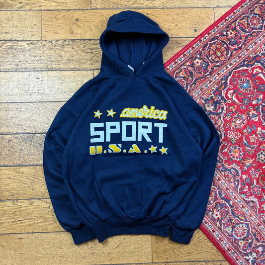 Vintage 90s Navy Boxy Graphic Hoodie Sweatshirt - M