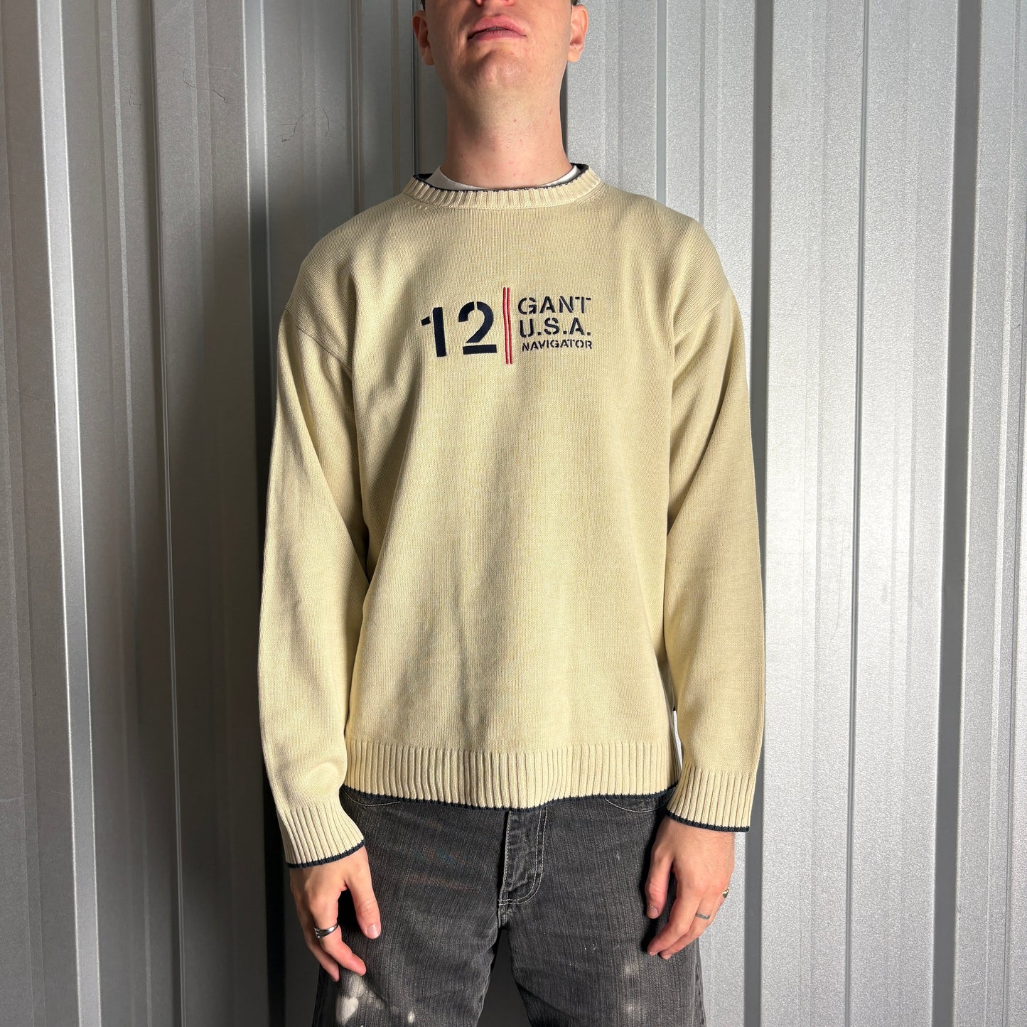 Vintage Gant Embroidered Cream 00s Y2K Chunky Knit Jumper - M