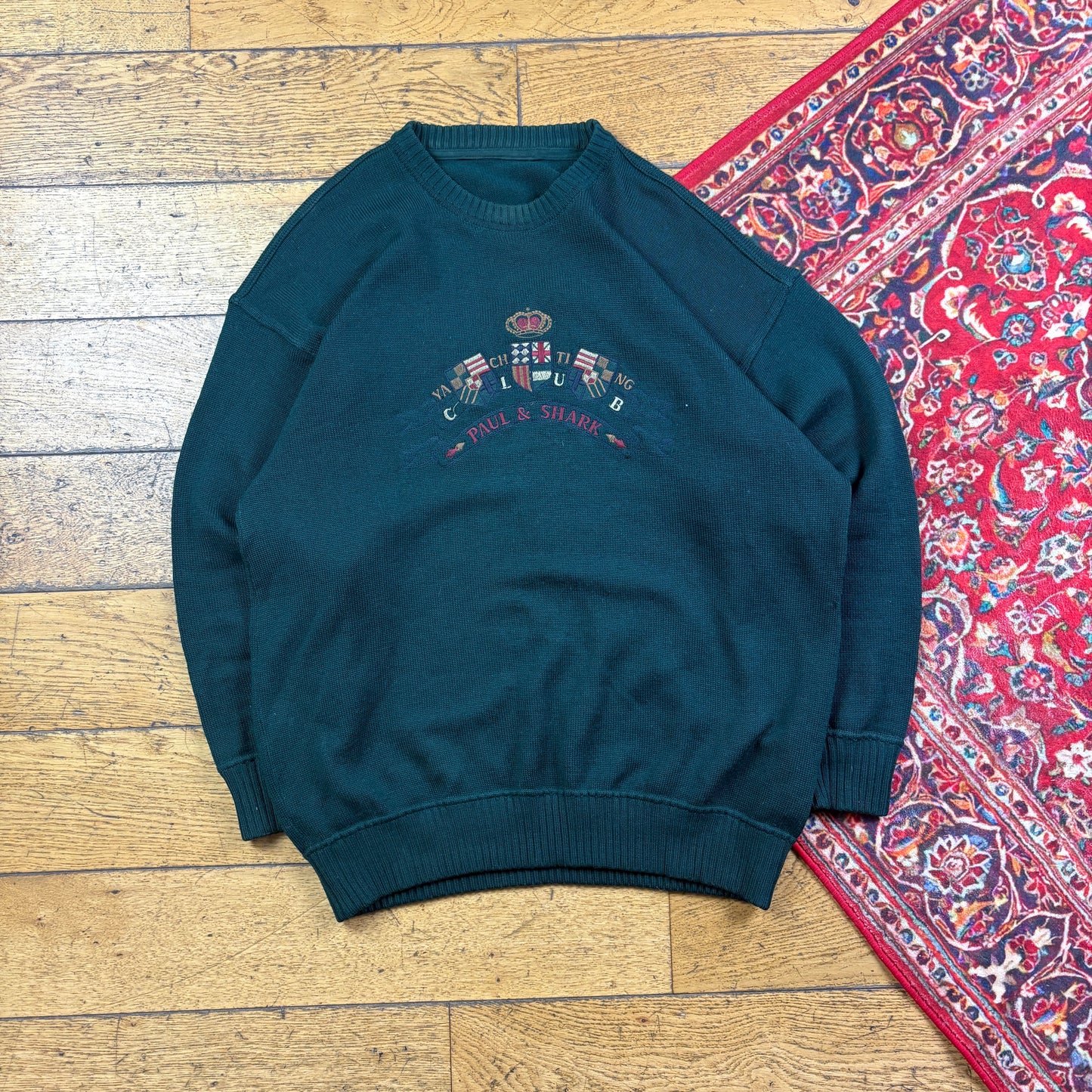 Vintage Paul and Shark Green Embroidered Chunky Knit Jumper - L