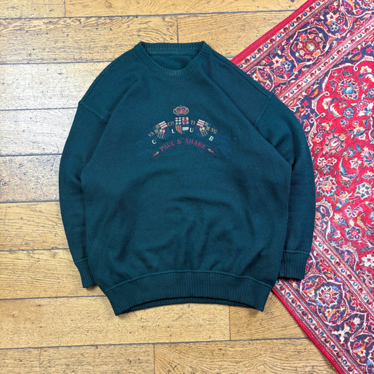 Vintage Paul and Shark Green Embroidered Chunky Knit Jumper - L
