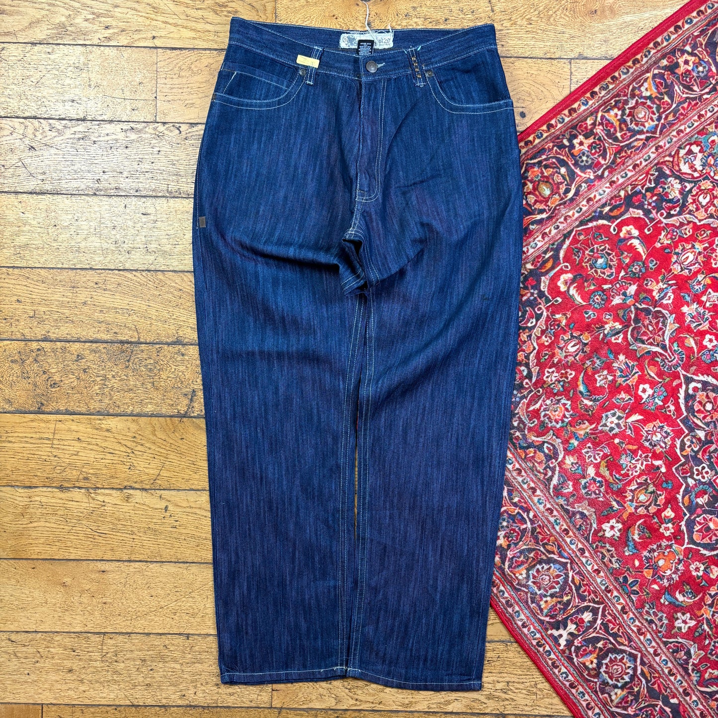 Vintage Blue Embroidered Y2K Hip Hop Baggy Jeans - 36