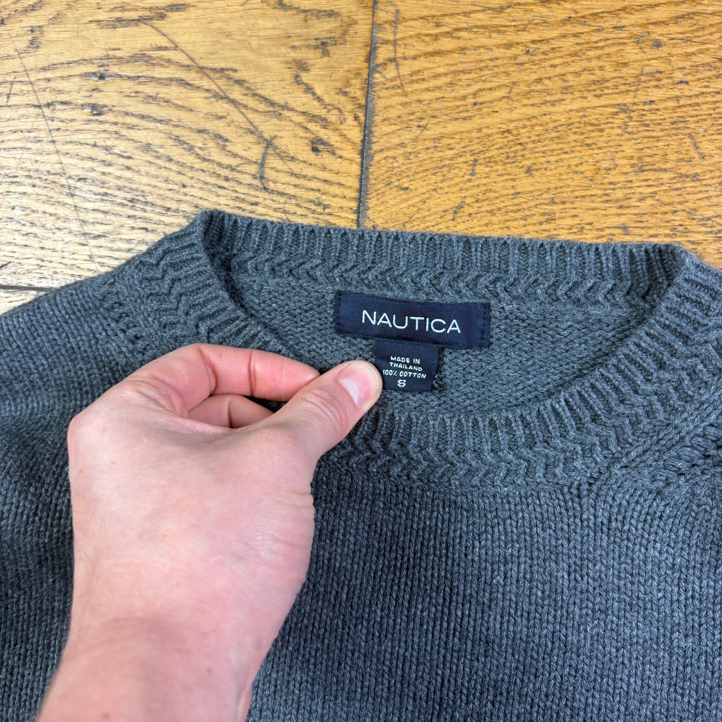 Vintage Nautica Grey Stripe Knit Jumper - M