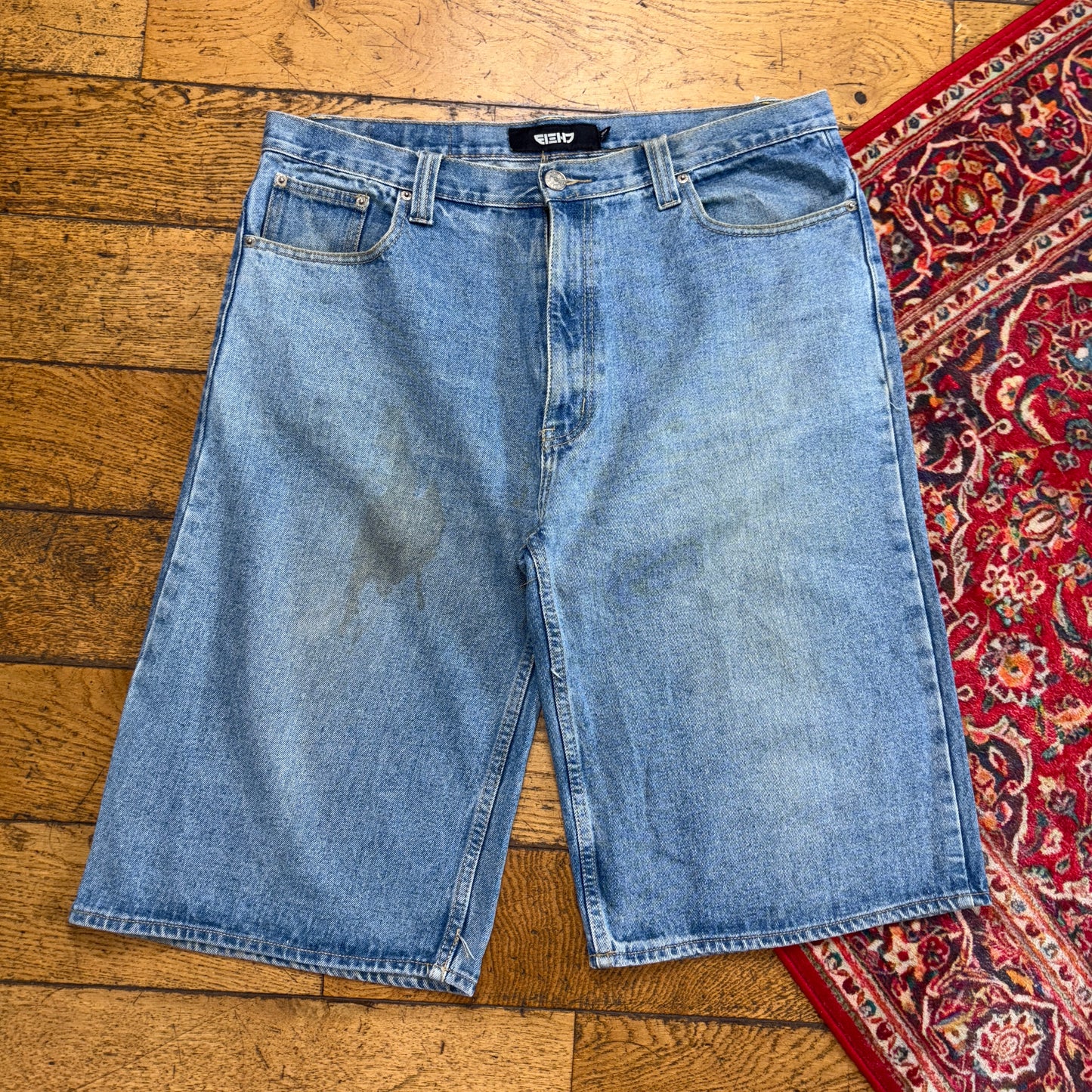 Vintage Fiend Blue Embroidered Y2K Hip Hop Baggy Jeans Shorts Jorts - 38