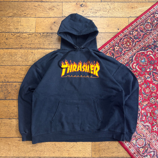 Vintage Thrasher Flames Black Skate Streetwear Hoodie Sweatshirt - L
