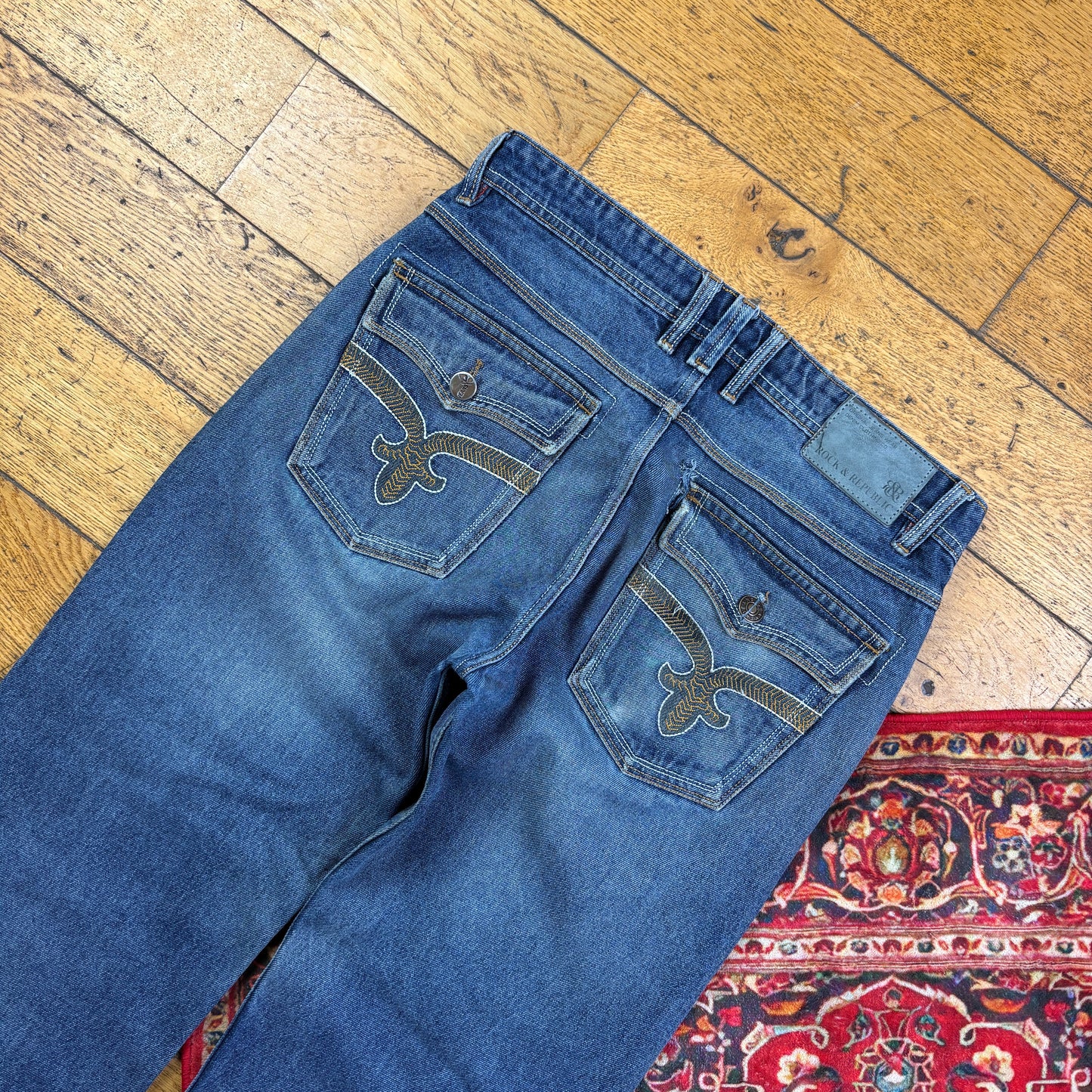 Vintage Rock Revival Blue Embroidered Y2K Hip Hop Baggy Jeans - 36