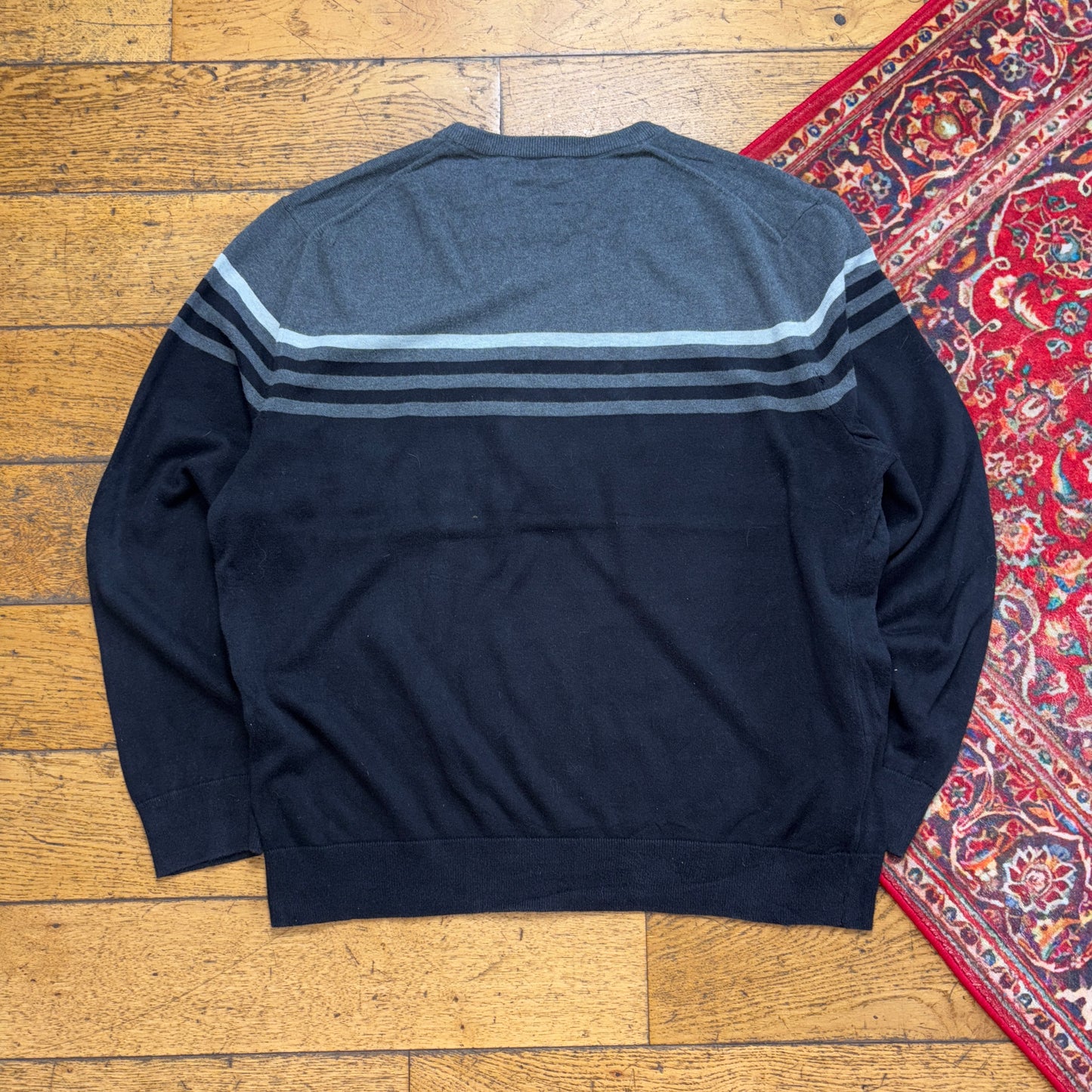 Vintage Nautica Stripe Black Grey Embroidered Knit Jumper - XL