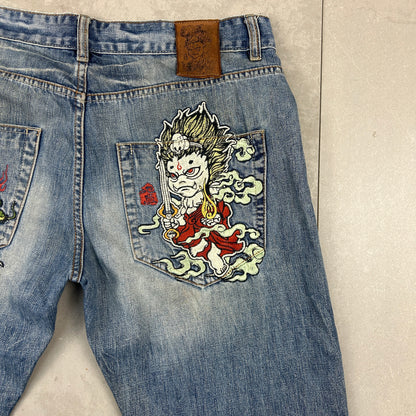 Vintage Rare Jizo Embroidered Baggy Straight Blue Japanese Denim Jeans - 36