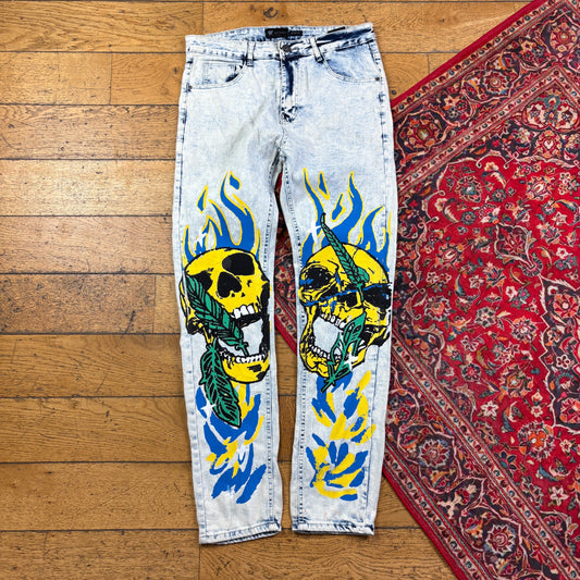 Vintage Bleached Blue Y2K Hip Hop Skinny Jeans - 34