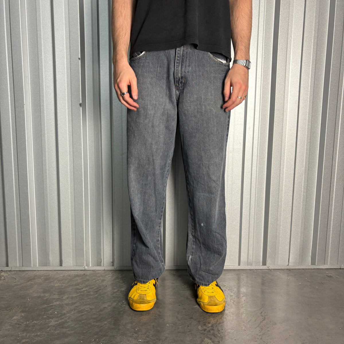 Embroidered Grey Blue Japanese Denim Hip Hop Y2K Baggy Jeans - 34S