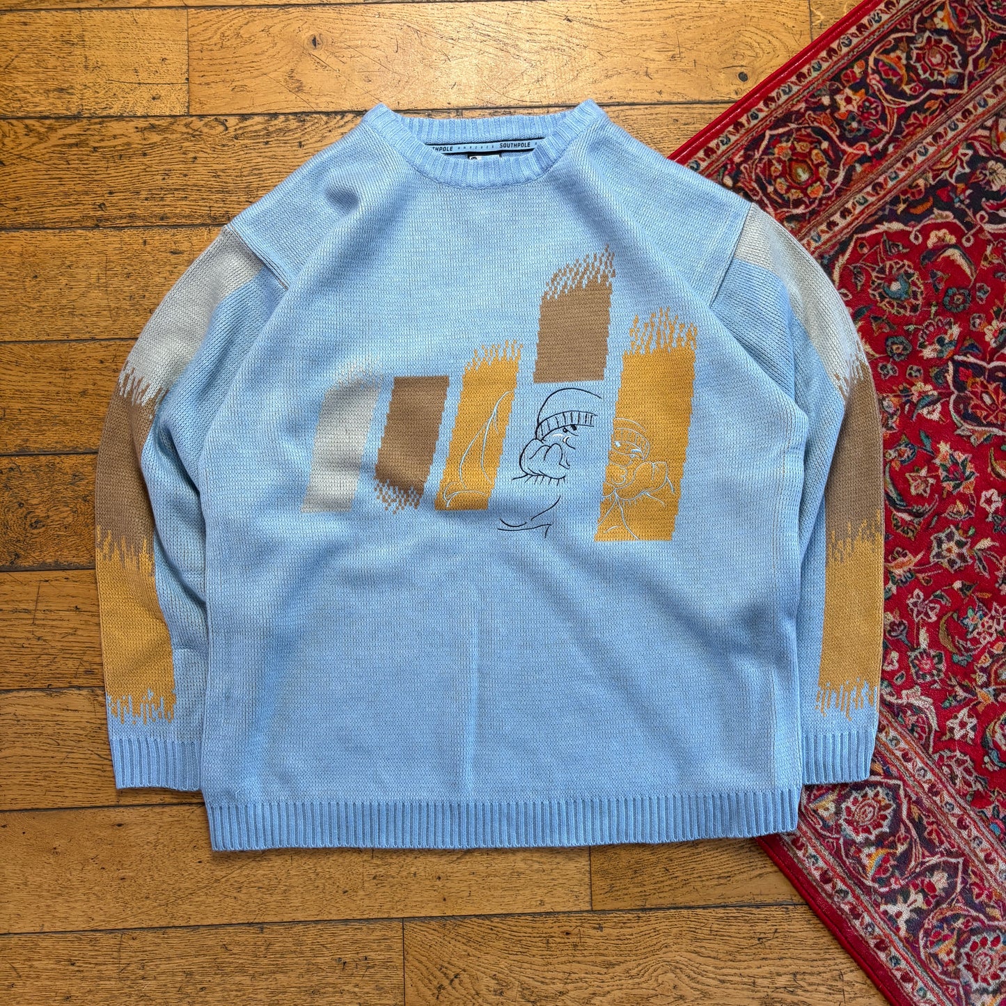 Vintage Southpole Blue Embroidered Hip Hop Chunky Knit Jumper - 2XL