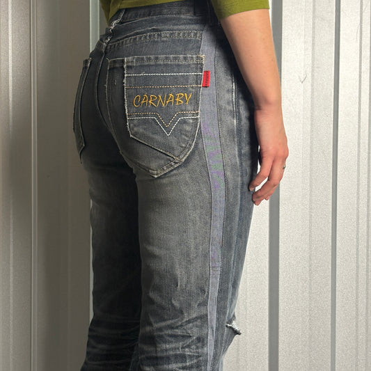 Embroidered Blue Capri Japanese Denim Hip Hop Y2K Jeans - 28