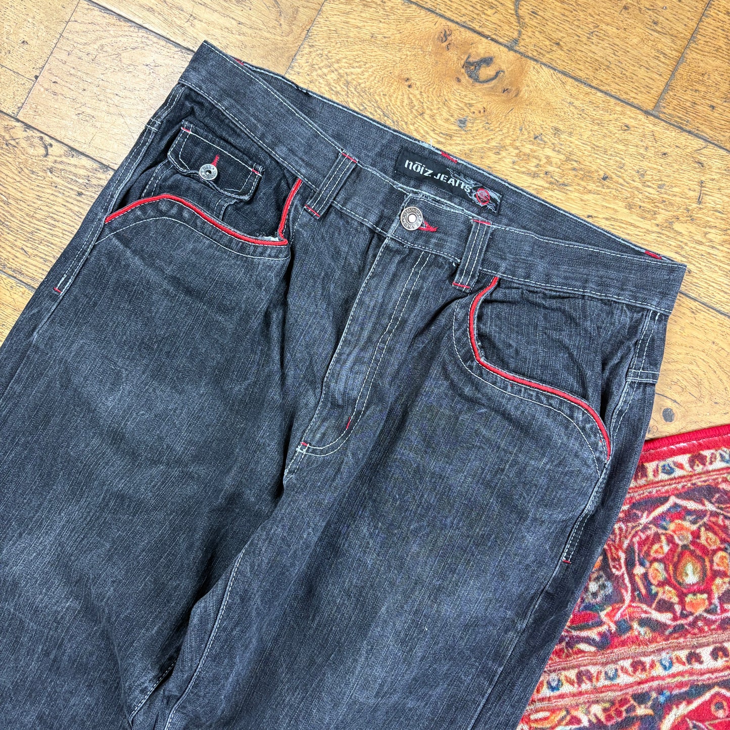 Vintage Noiz Jeans Black Embroidered Y2K Hip Hop Baggy Jeans - 36