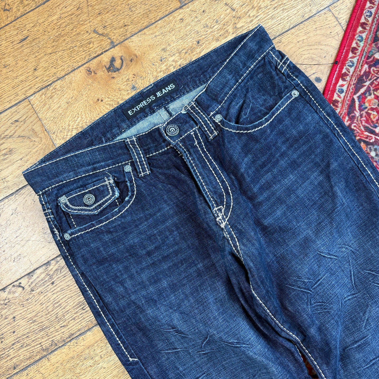 Vintage Express Navy Embroidered Y2K Hip Hop Baggy Jeans - 36