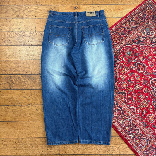 Vintage Webs Blue Embroidered Y2K Hip Hop Baggy Jeans - 38