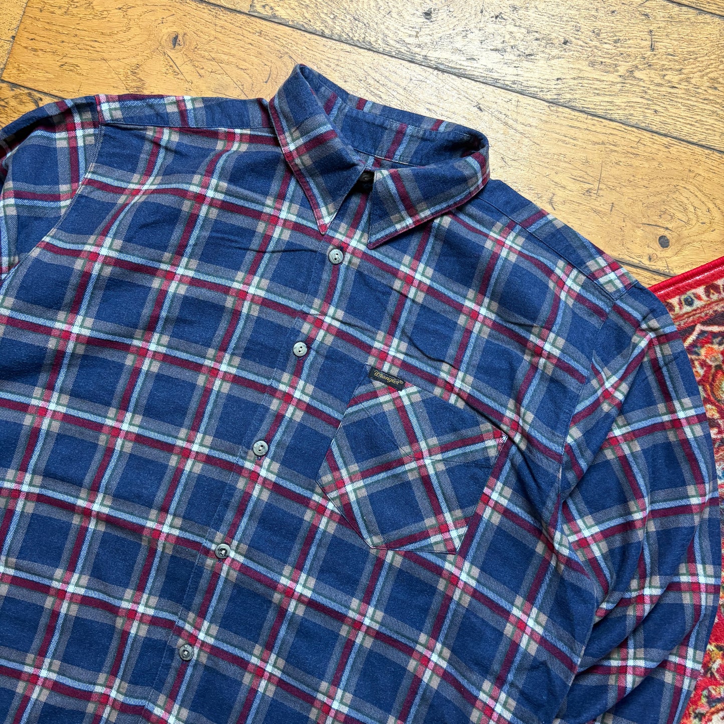 Vintage Wrangler Blue Check Flannel Embroidered Shirt - XL