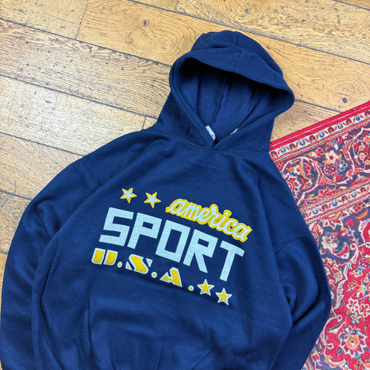 Vintage 90s Navy Boxy Graphic Hoodie Sweatshirt - M