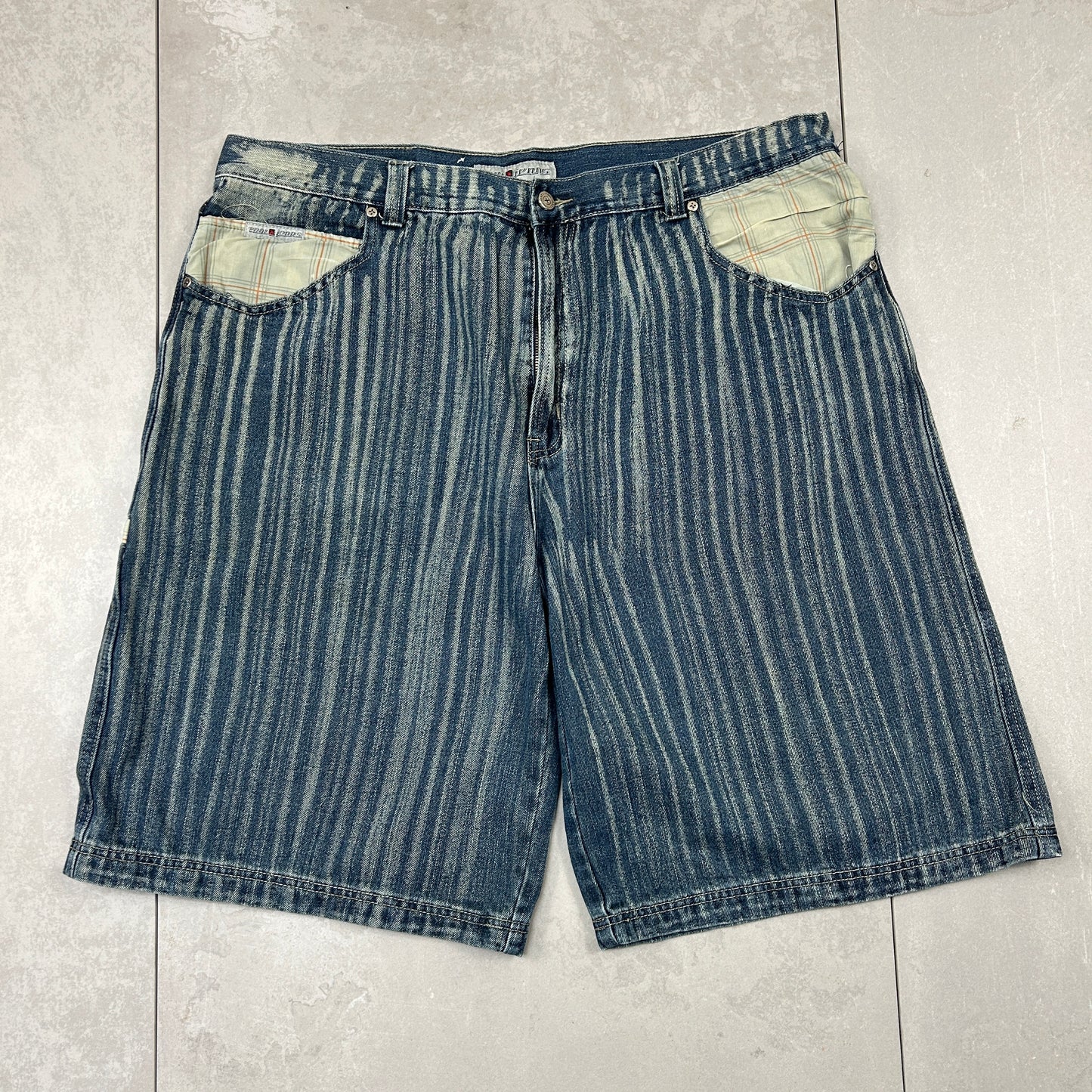 Vintage Pinstripe Embroidered Hip Hop Baggy Blue Shorts Jorts - 42