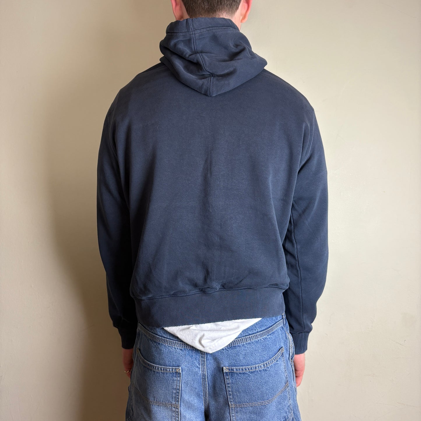 Vintage Nike Navy Spellout Swoosh Embroidered Hoodie Sweatshirt - M