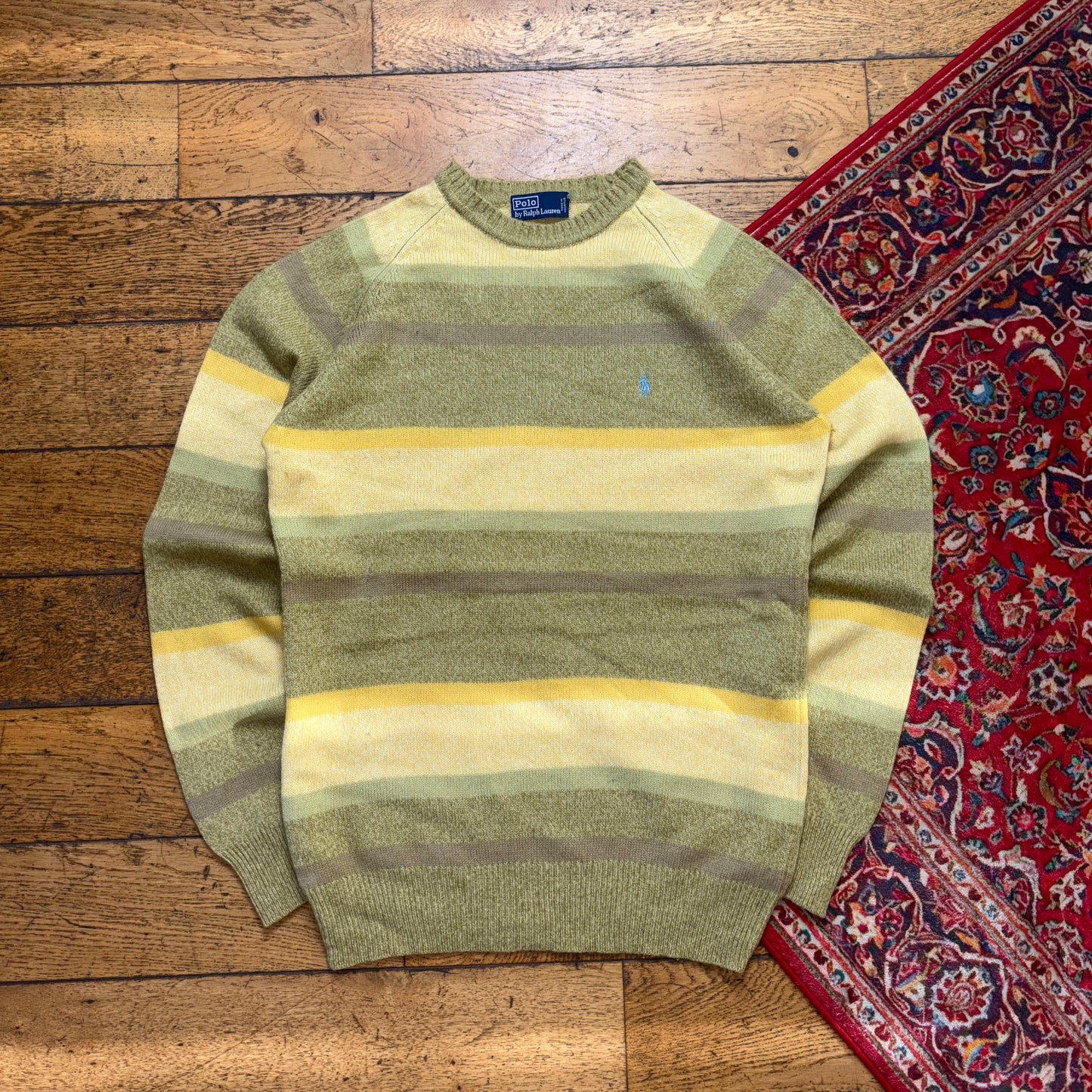 Vintage Ralph Lauren Green Yellow Stripe Chunky Knit Jumper - M