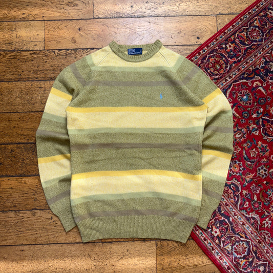 Vintage Ralph Lauren Green Yellow Stripe Chunky Knit Jumper - M