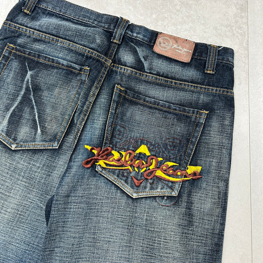 Vintage Kaalu Jeans Embroidered Hip Hop Baggy Blue Shorts Jorts - 38