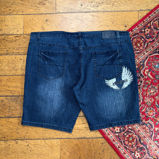Vintage Blue Emperor Y2K Embroidered Hip Hop Baggy Shorts Jorts - 46