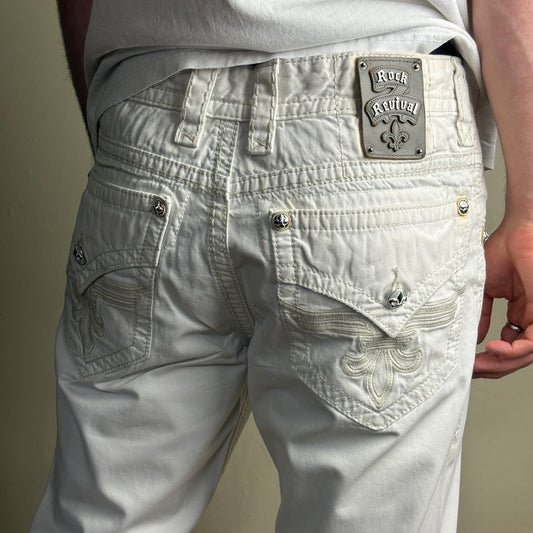 Vintage Rock Revival White Embroidered Y2K Hip Hop Baggy Jeans - 36L