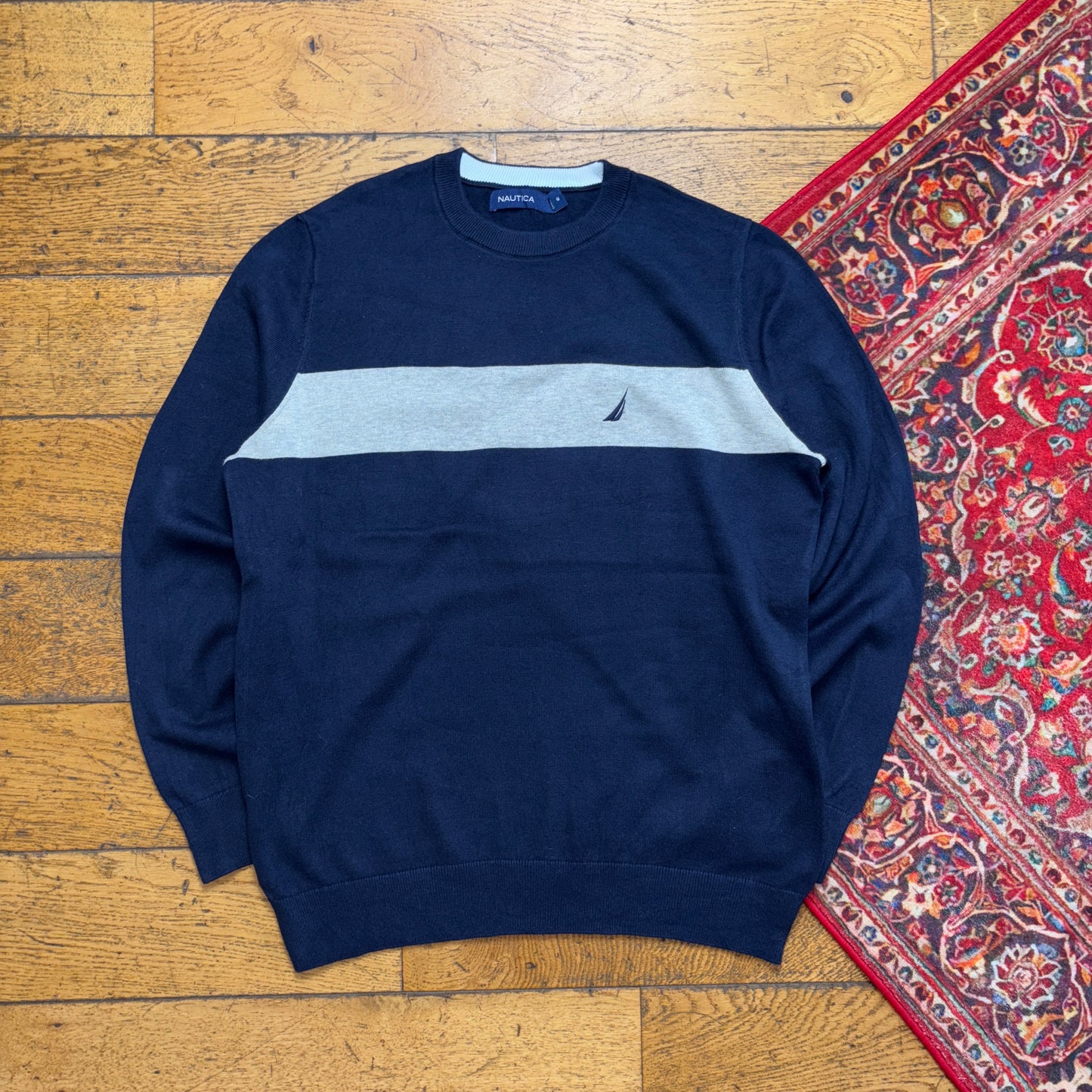 Vintage Nautica Navy Grey Stripe Embroidered Knit Jumper - S