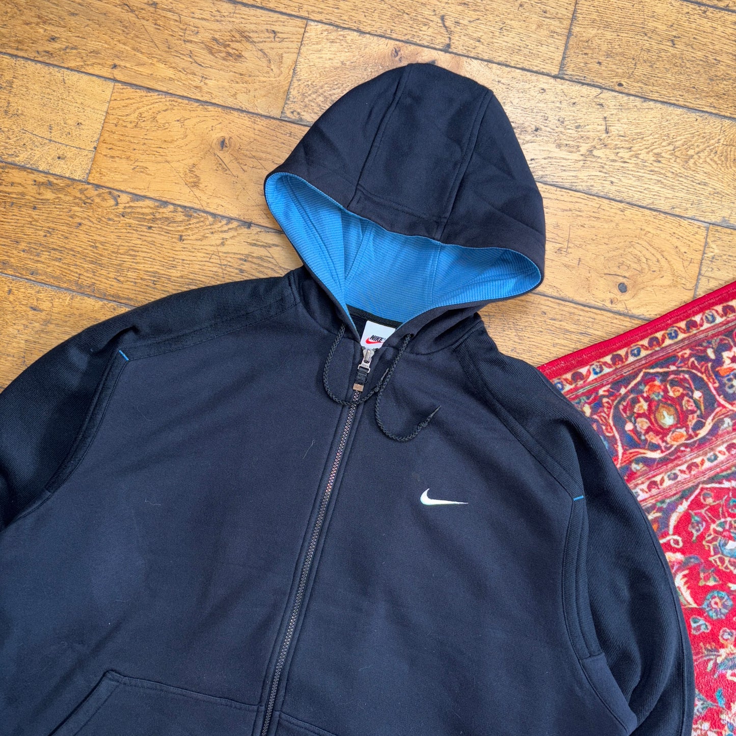 Vintage 90s Nike Black Hoodie Embroidered Zip Sweatshirt - 3XL