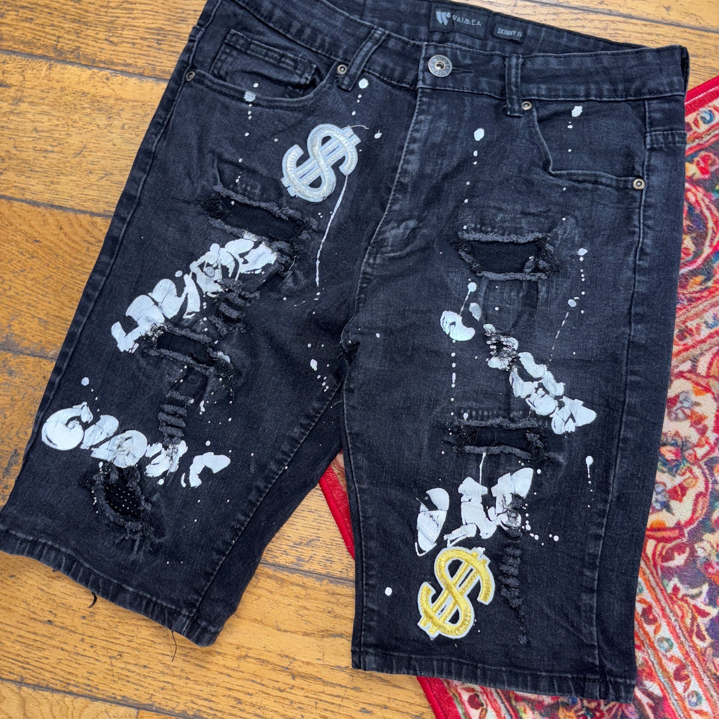 Vintage Black Embroidered Denim Shorts - 30