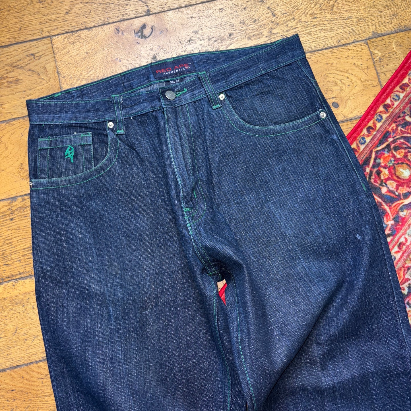 Vintage Dark Blue Embroidered Y2K Hip Hop Baggy Jeans - 34R