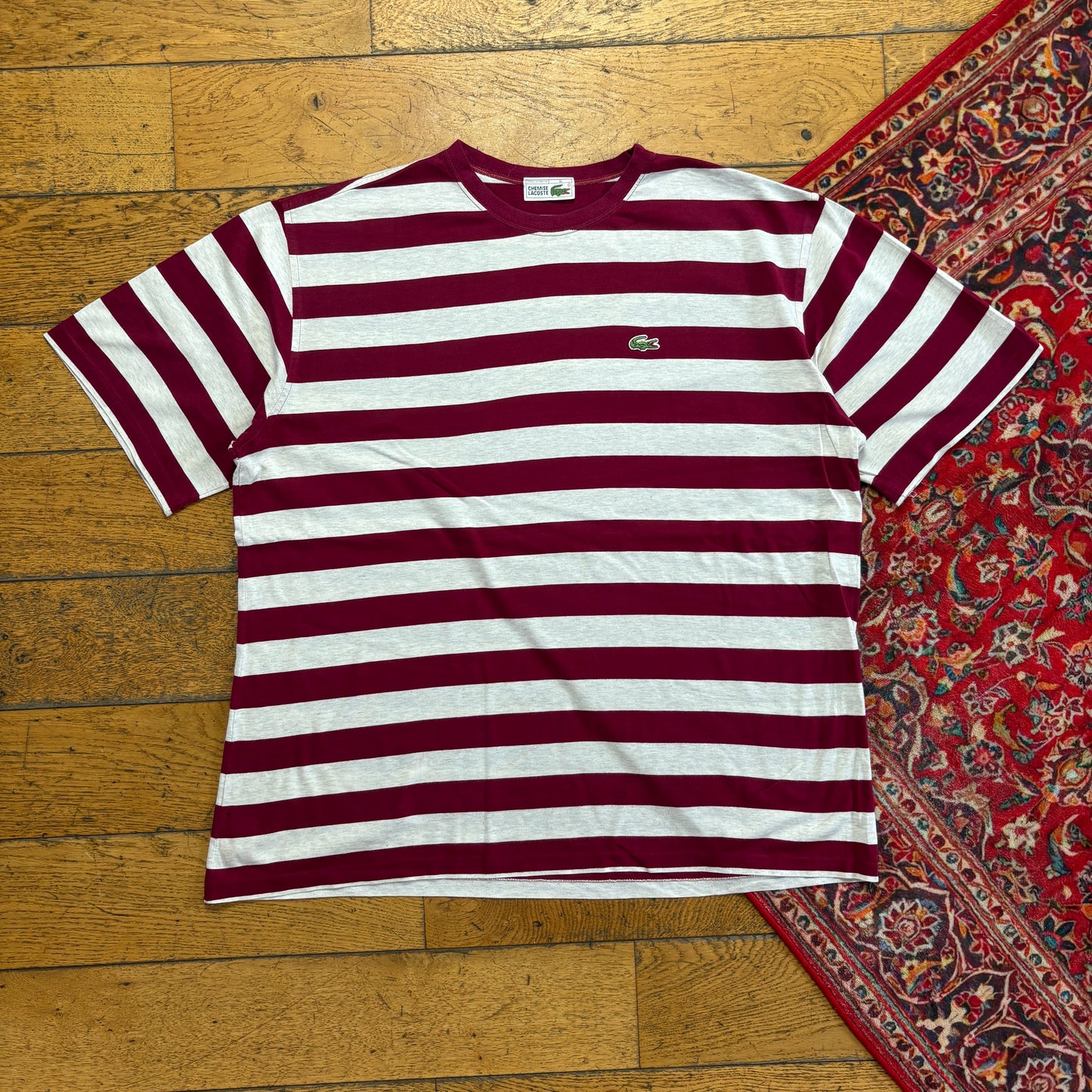 Vintage Chemise Lacoste Burgundy White Stripe T-Shirt - XL