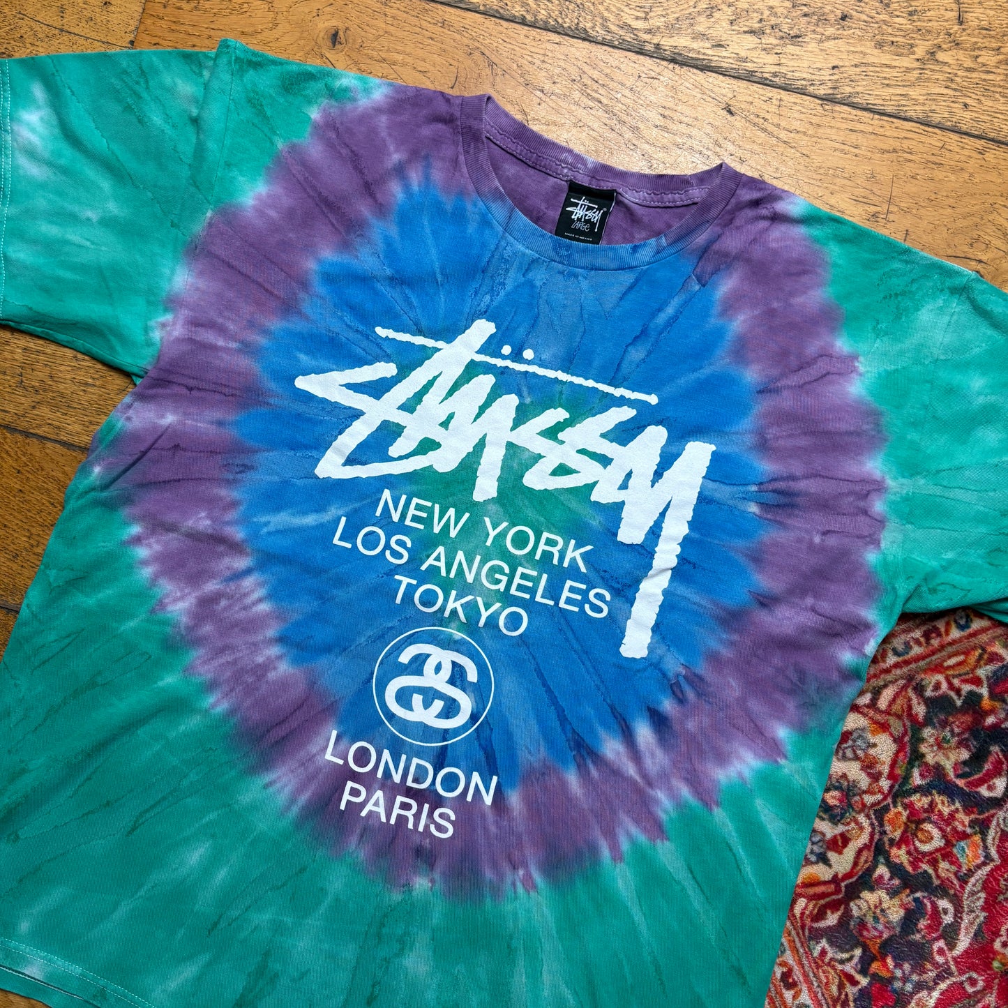 Vintage Stussy Tie Dye Blue Green Graphic T-Shirt - L