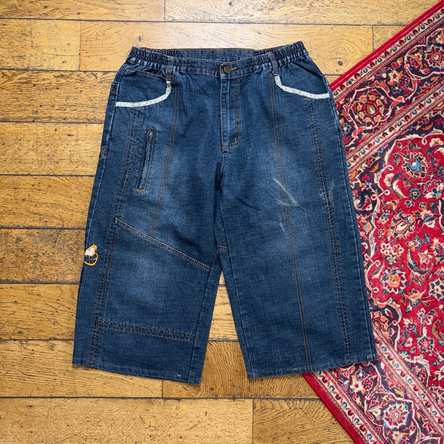 Vintage Pole Position Embroidered Hip Hop Blue Baggy Shorts Jorts - 32