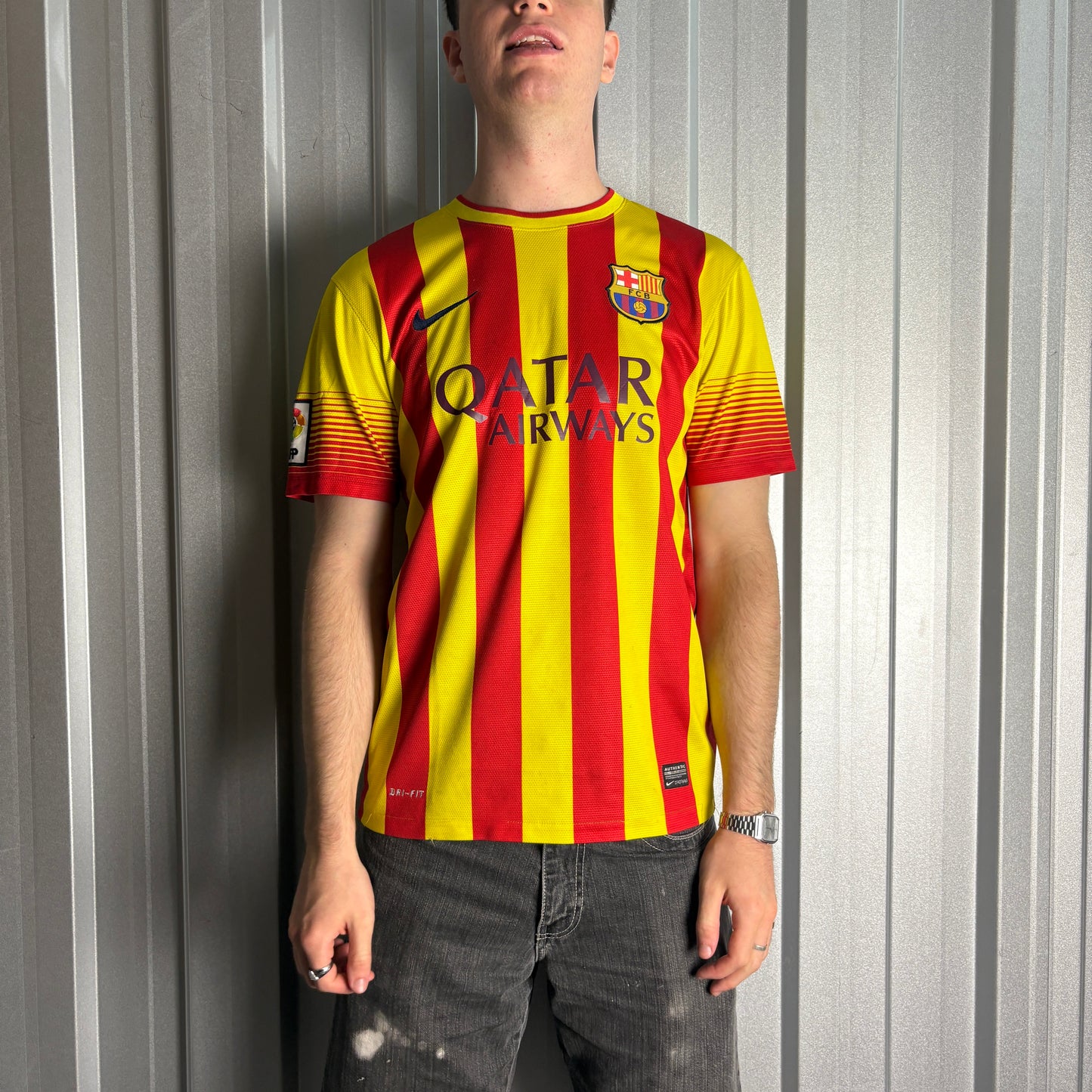 FC Barcelona 2013/15 Away Red Yellow Nike Stripe Football Shirt - M