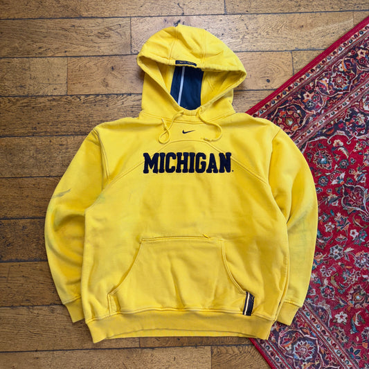 Vintage 90s Nike Swoosh Yellow Michigan Hoodie Embroidered Sweatshirt - L