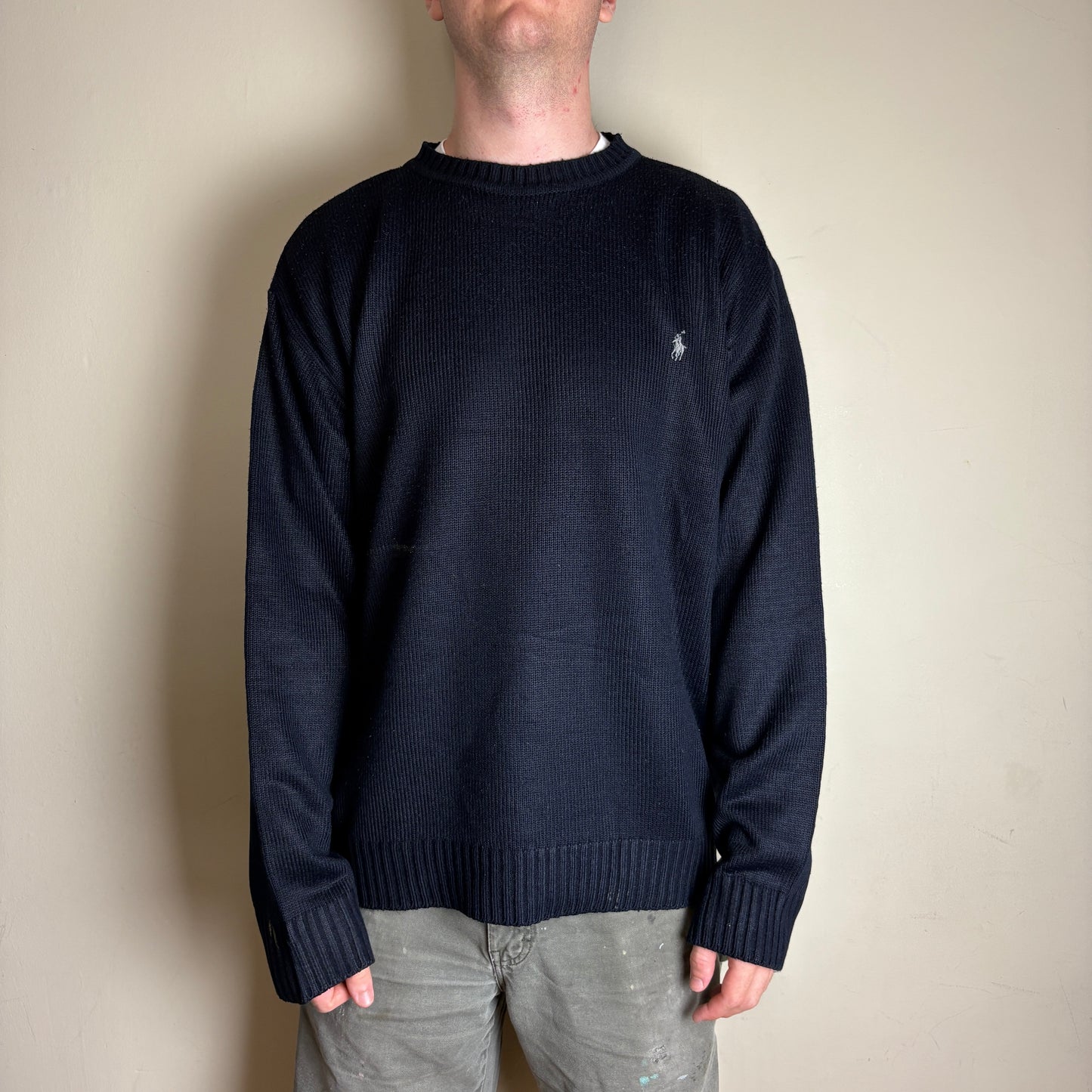 Vintage Ralph Lauren Navy Chunky Knit Crewneck Jumper - 2XL
