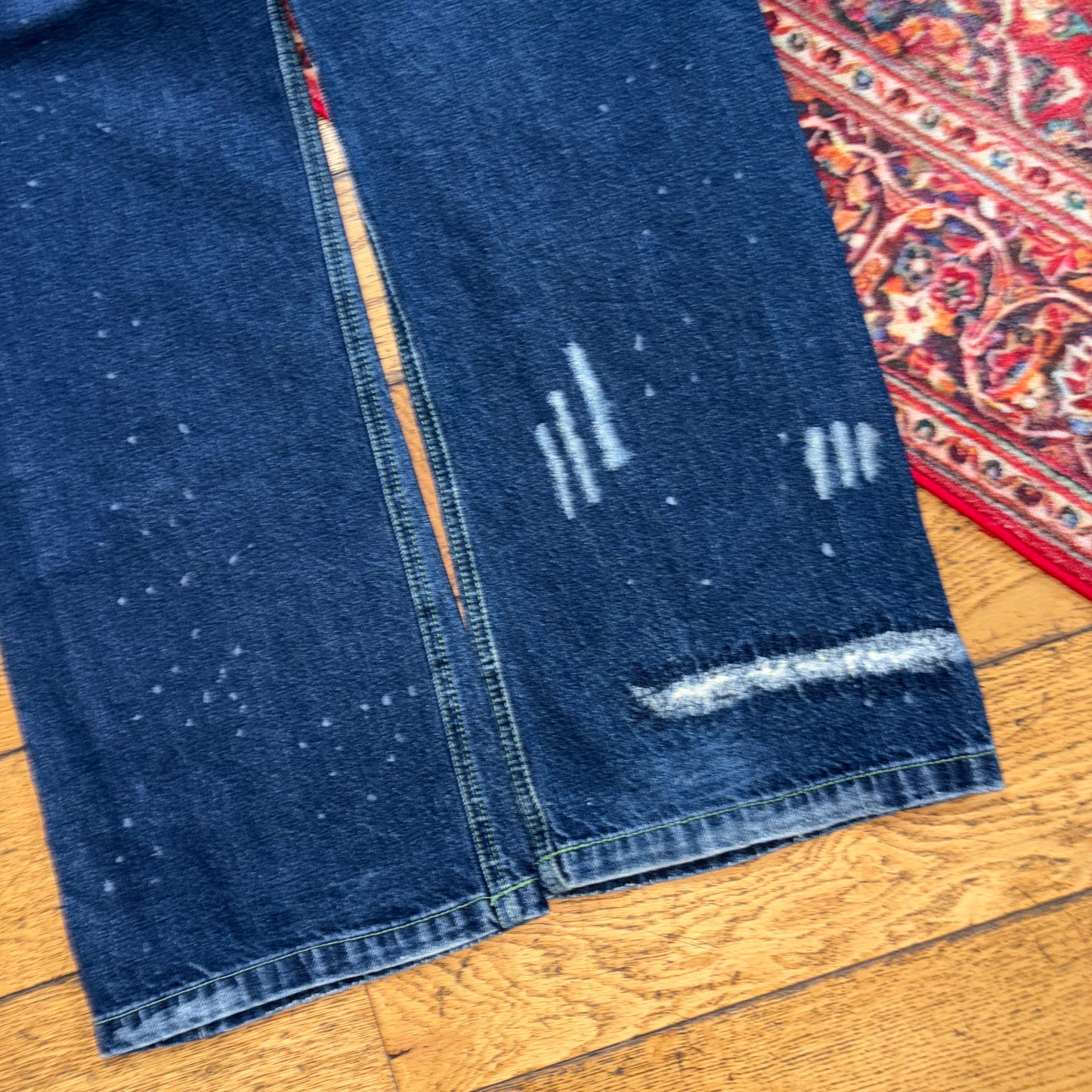 Vintage Blue Distressed Embroidered Y2K Hip Hop Bootcut Baggy Jeans - 36R