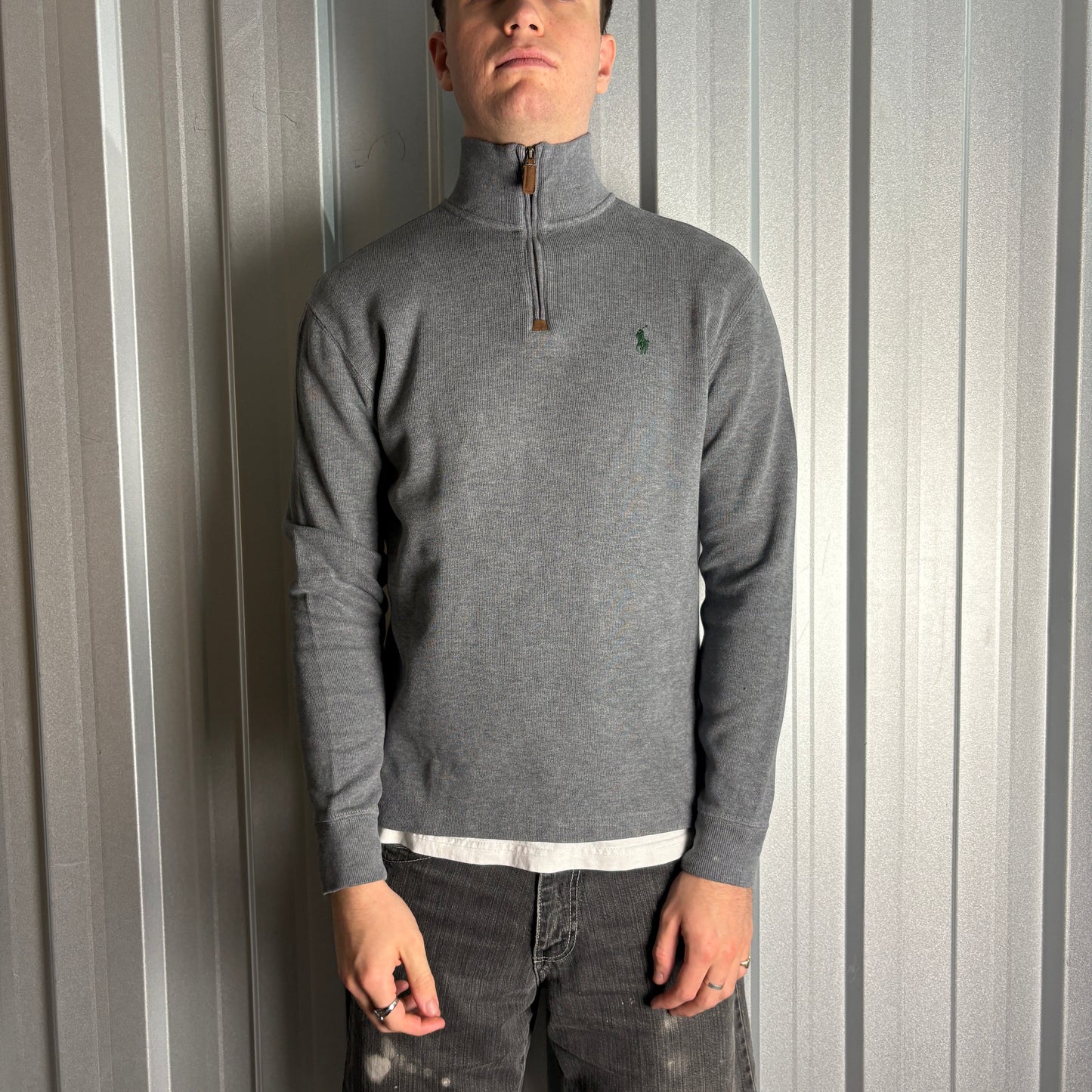 Vintage Ralph Lauren Grey Quarter Zip Knit Jumper - S