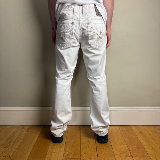 Vintage Rock Revival White Embroidered Y2K Hip Hop Baggy Jeans - 36L