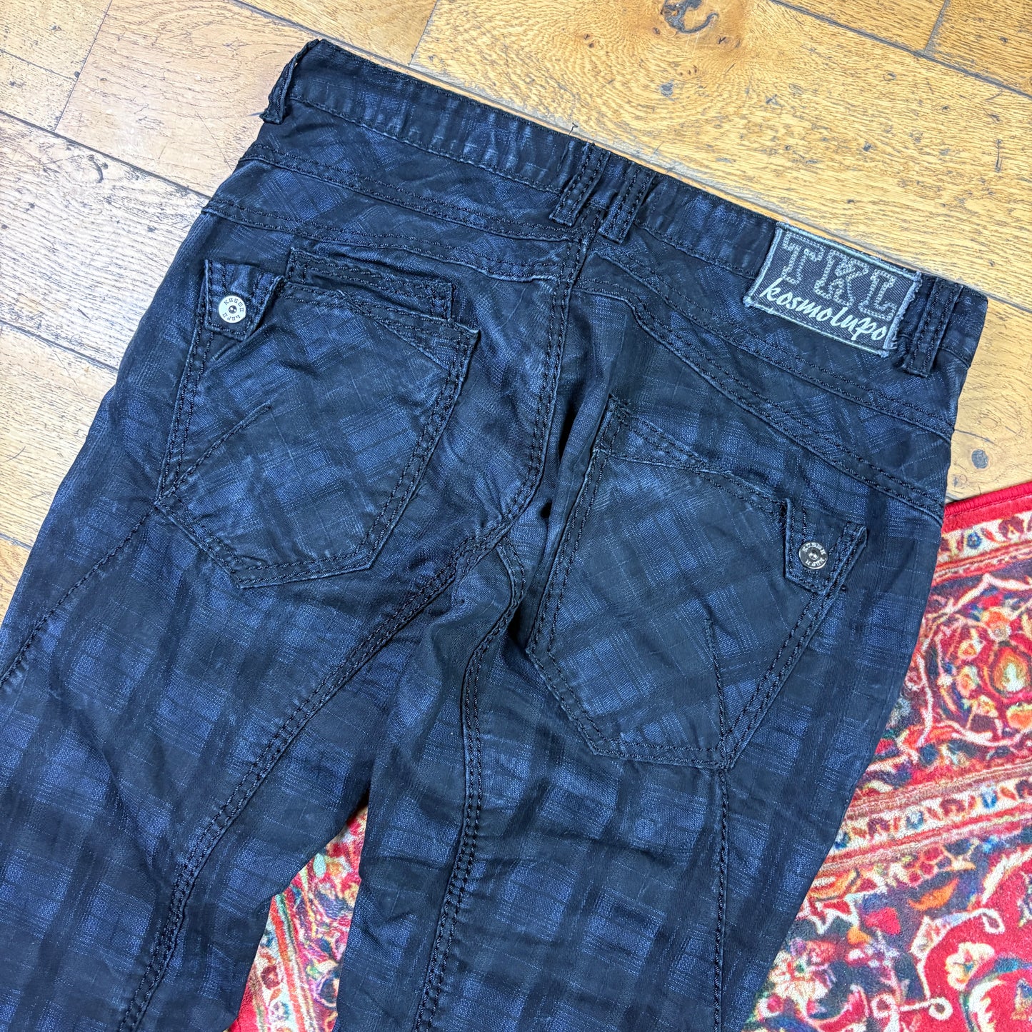 Vintage Black Check Y2K Hip Hop Straight Jeans - 36