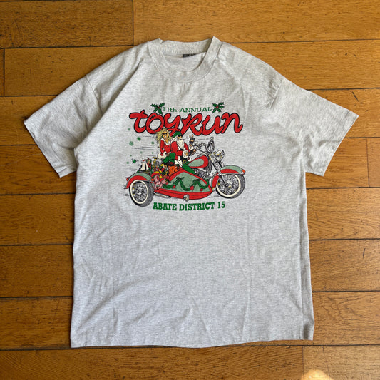 Vintage 90s Motorbike Santa Christmas Grey Single Stitch Graphic T-Shirt - L