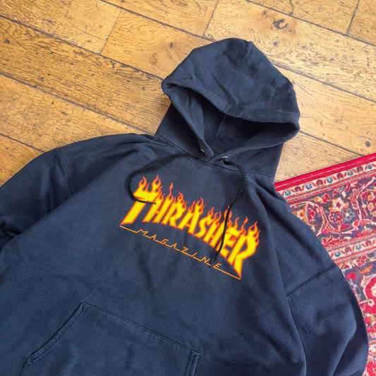 Vintage Thrasher Flames Black Skate Streetwear Hoodie Sweatshirt - L