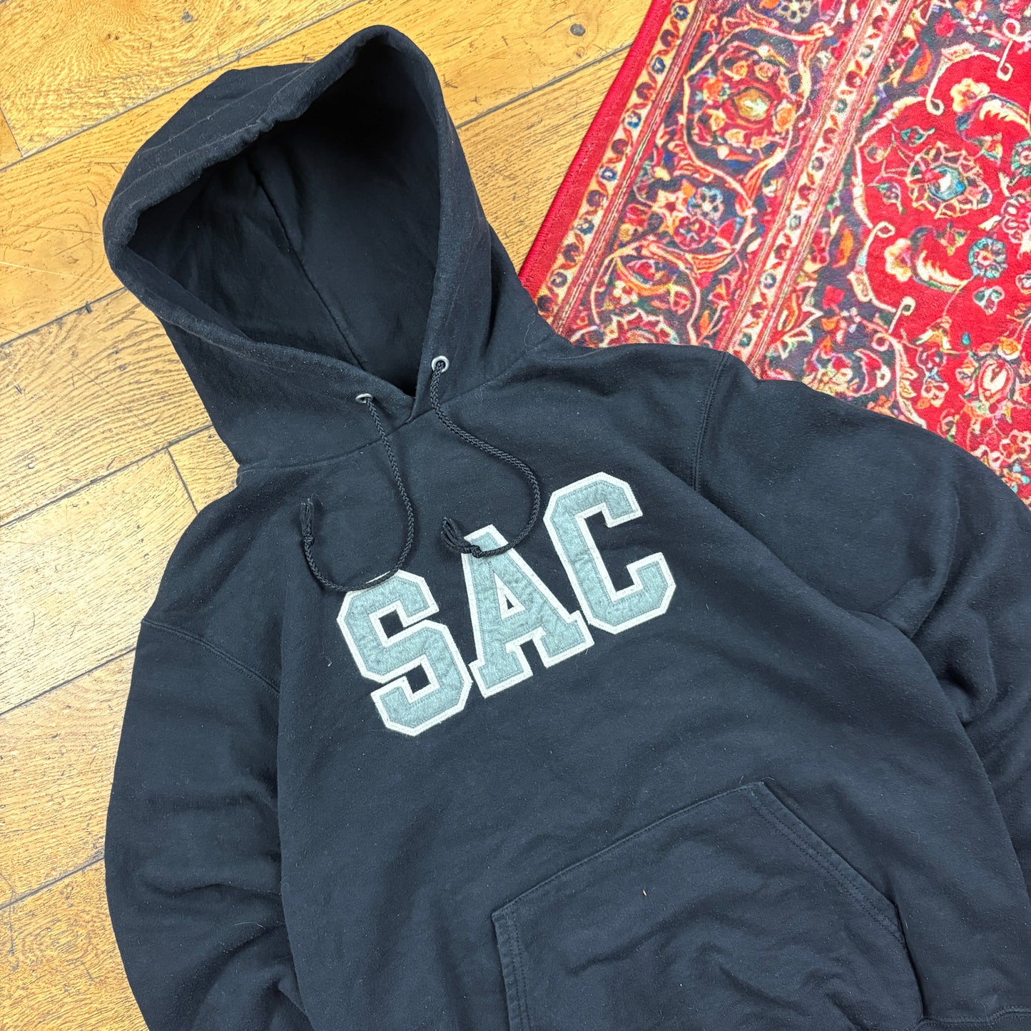 Vintage Champion Black USA College Embroidered Hoodie Sweatshirt - S