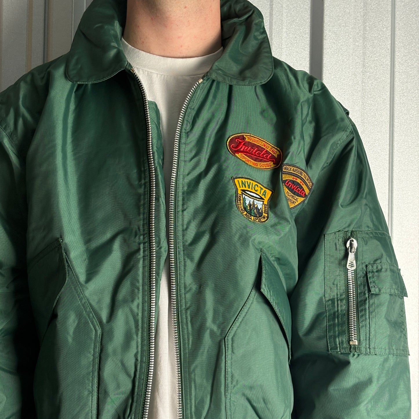Vintage Invicta Green Bomber Patch Aviator Boxy Jacket - XL