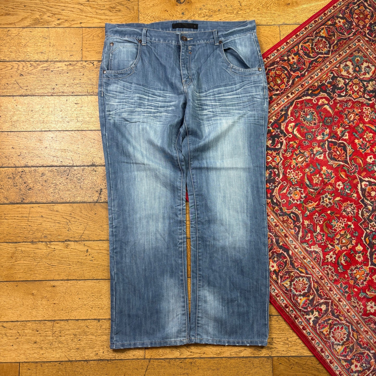 Vintage Blue Embroidered Y2K Hip Hop Baggy Jeans - 42