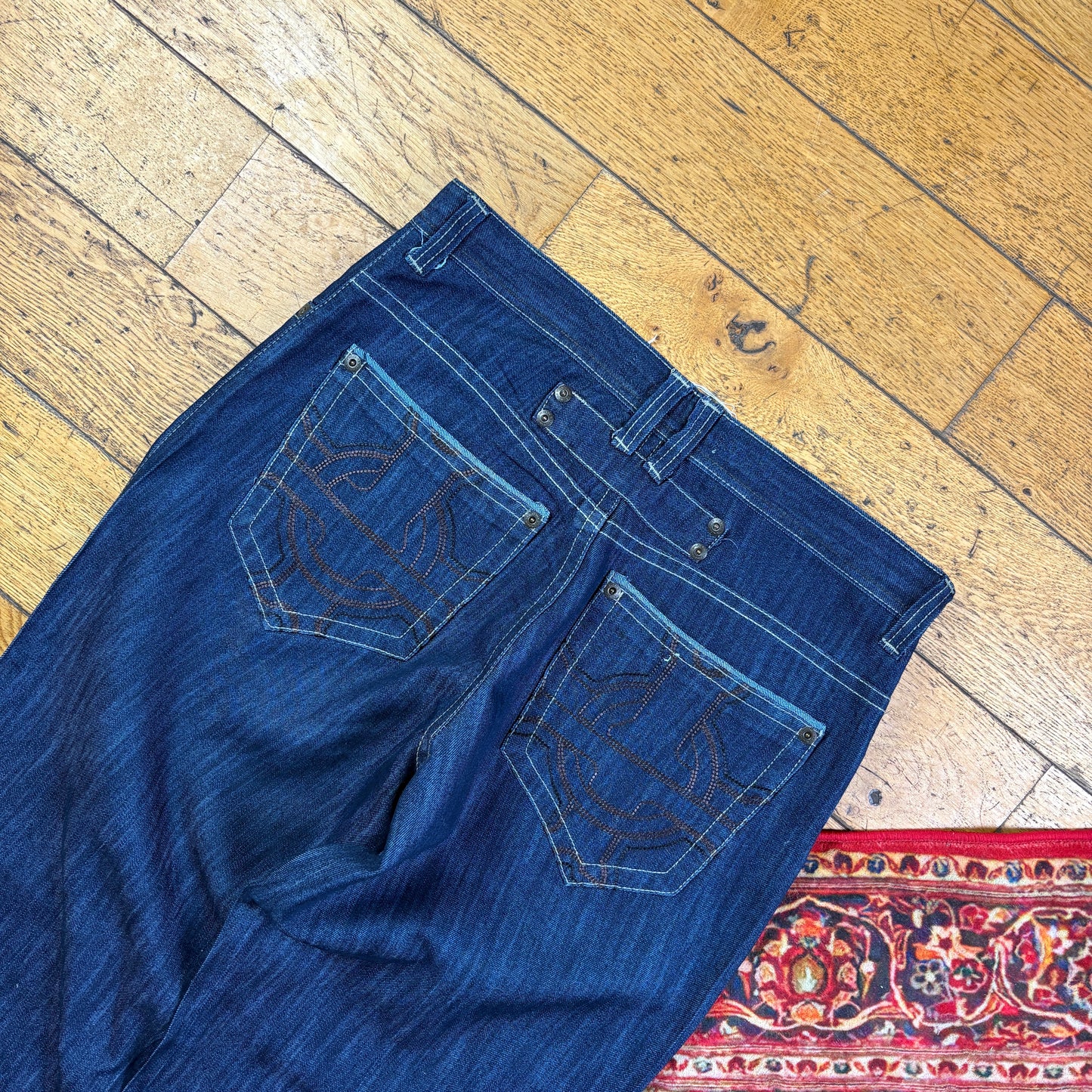 Vintage Blue Embroidered Y2K Hip Hop Baggy Jeans - 36