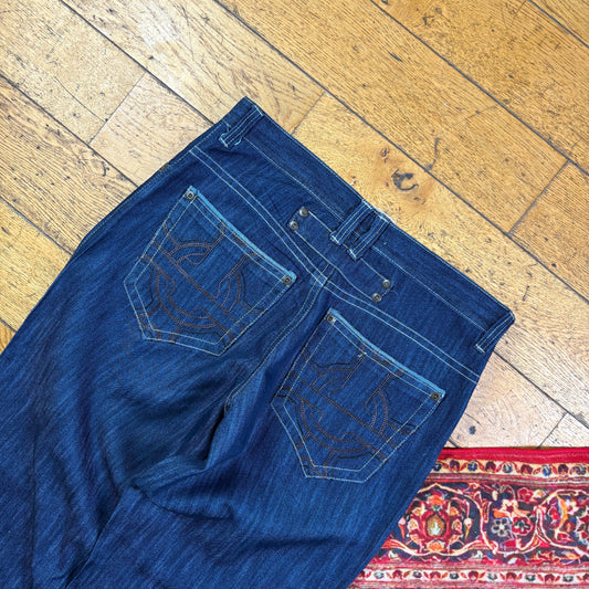 Vintage Blue Embroidered Y2K Hip Hop Baggy Jeans - 36
