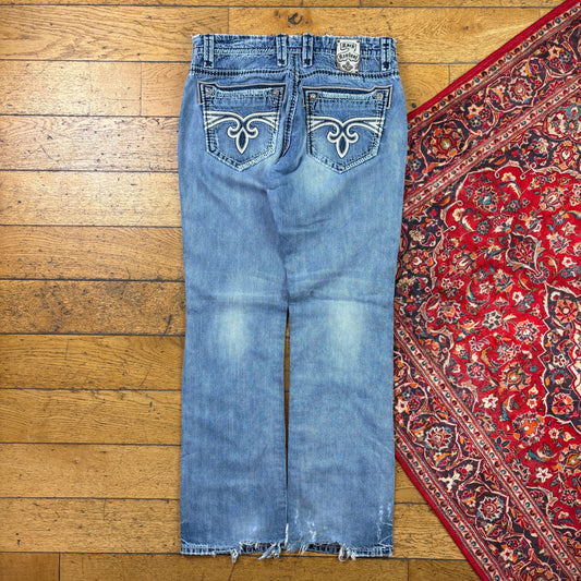 Vintage Rock Revival Blue Embroidered Y2K Hip Hop Straight Jeans - 38
